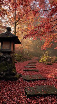 Traditional Japanese Stone Lantern and Stone Path Covered in Red Maple Leaves in Autumn Forest, Kyoto, Japan