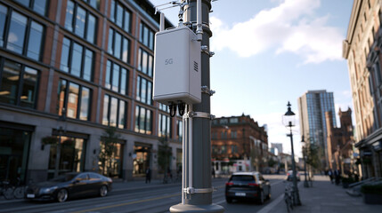 Obraz premium Urban Telecommunications: Modern Cityscape with Cell Tower, Technology & Wireless Infrastructure in Business District