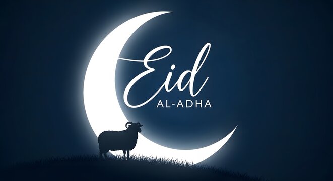 Eid mubarak joyful islamic eid day concept with crescent moon and sheep silhouette