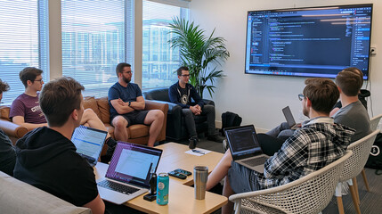 Fototapeta premium Agile Methodology in Action: Diverse Tech Team in Modern Office Collaborating on Software Development