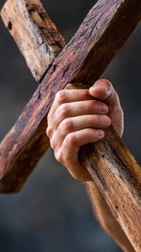 Adult hand grasping wooden cross with rough weathered texture