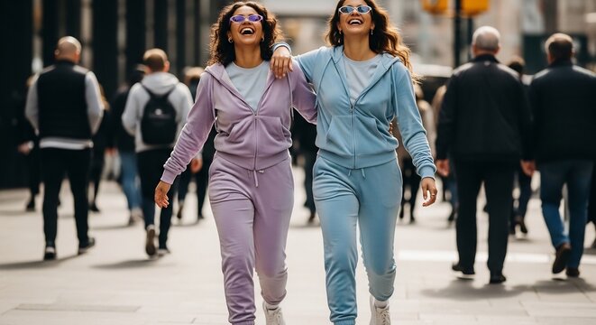 Two happy young women in matching pastel tracksuits walking together on a sunny city street.