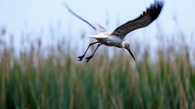 Elegant White Stork Takes Flight Over Wetland Habitat in Nature.