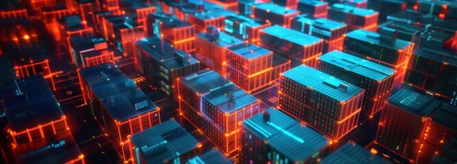 Glowing Metropolis: Aerial view of a futuristic city at night, with buildings illuminated in a mesmerizing display of orange and blue lights.