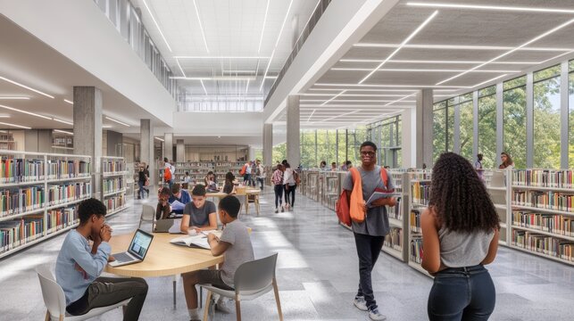 Modern library interior with students studying, browsing, reading
