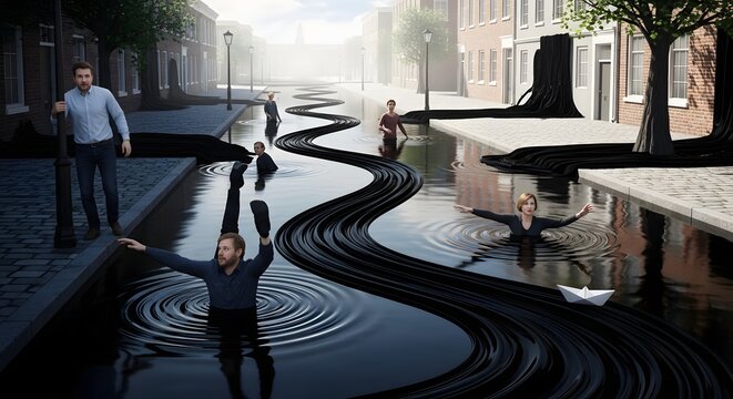 Urban surrealism Residents navigate a street flooded with a strange, dark, wavy liquid, encountering an unsettling phenomenon