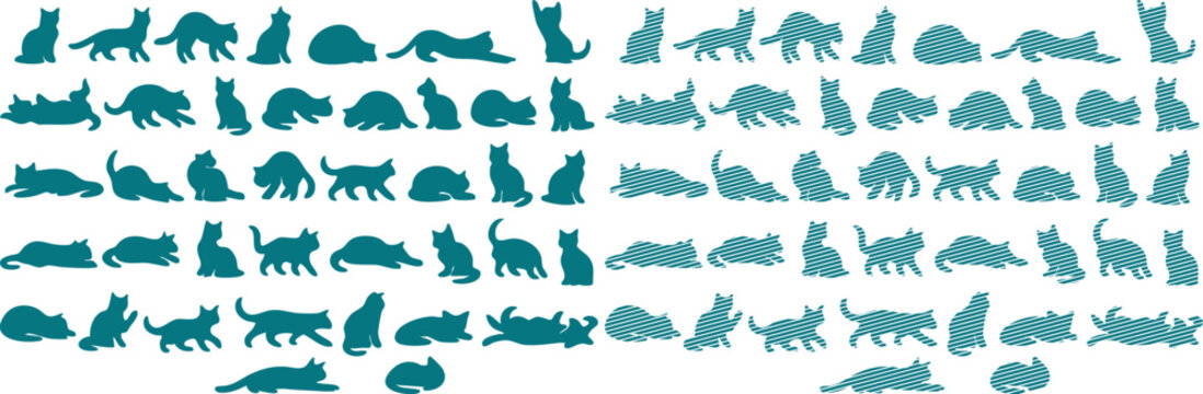 Teal cat silhouettes on white background, multiple rows of feline figures