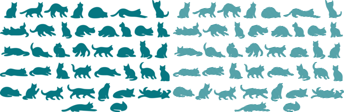 Teal cat silhouettes on white background, multiple rows of feline figures