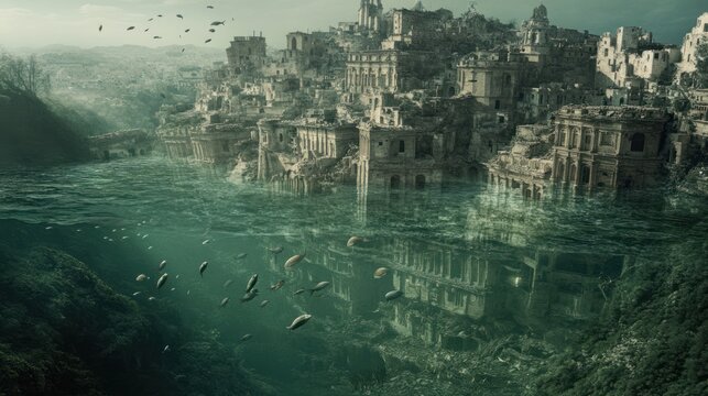 Coastal city partially submerged with ruins, fish, birds, and lush hills