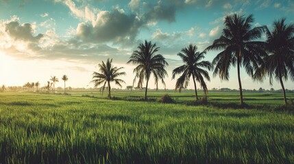 Fototapeta premium Serene Landscape with Lush Green Rice Fields and Tall Palm Trees Under a Bright Blue Sky with Soft Fluffy Clouds at Sunset Over a Peaceful Horizon