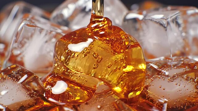 Extreme macro of honey pouring over ice cubes in a cold drink, capturing thick amber syrup wrapping around clear crystal surfaces with slow motion flow, and glossy reflections