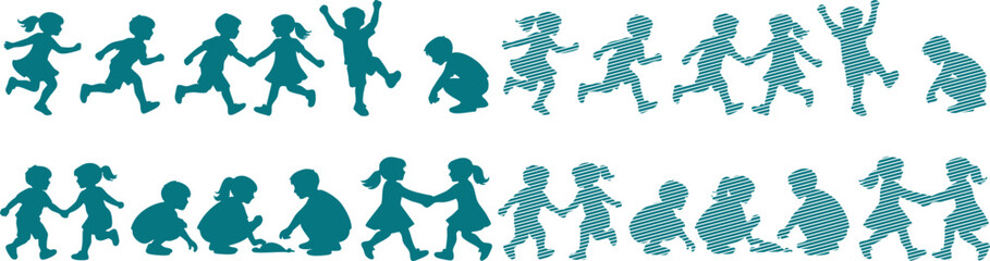 Obraz premium Teal silhouettes of children playing, running, and interacting