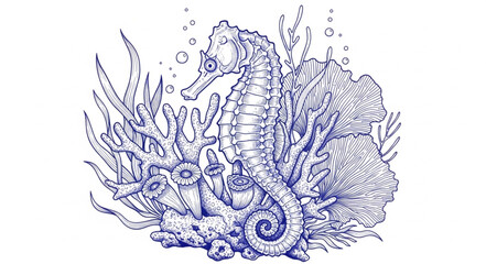 Detailed illustration of a seahorse surrounded by coral and seaweed. © Mutmainah