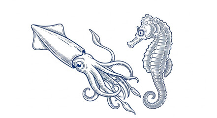 Detailed illustration of a squid and a seahorse. © Mutmainah