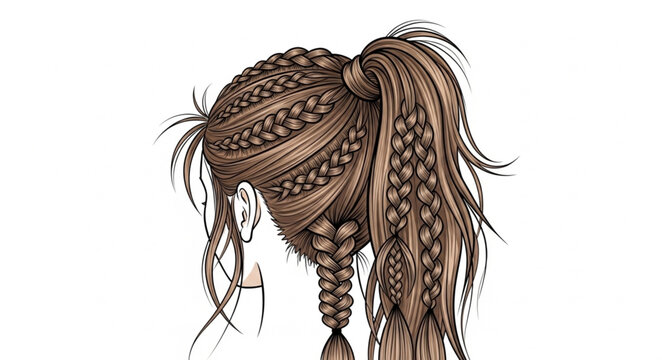 Detailed illustration of a womans long brown hair styled in intricate braids.