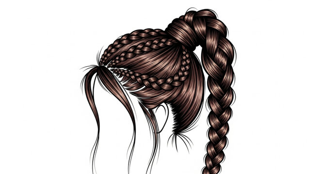 Detailed illustration of a womans braided hairstyle with loose strands.