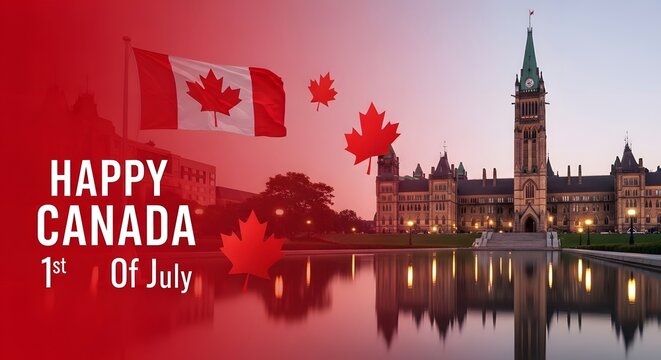 Canada day celebration parliament hill ottawa with flags and maple leaves