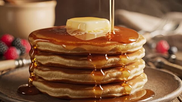 Delicious Stack of Pancakes with Butter and Syrup Pouring 2.