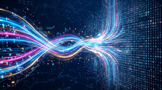Glowing neon light waves connecting into a digital binary code data matrix wall