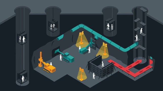 Underground Infrastructure Development Isometric Flat Design with Workers and Heavy Equipment