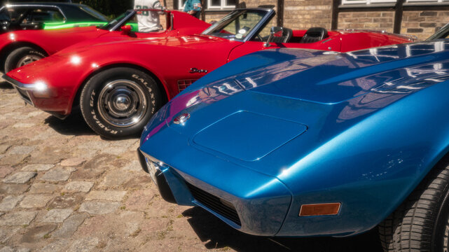 Berlin, Germany - May 2, 2026. Classic Corvette sports cars on display