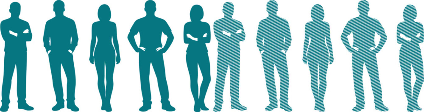 Teal silhouettes of people standing in a row