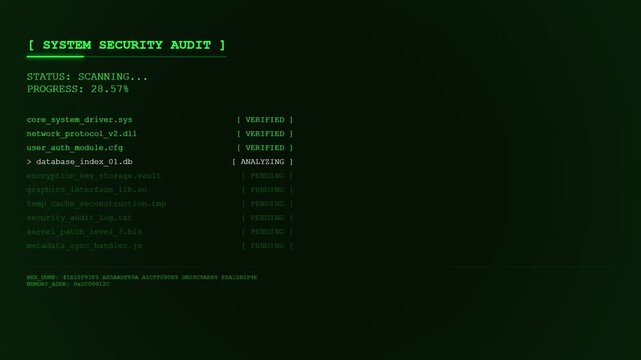 System Security Audit Interface with Core Driver Verification and Encryption Key Storage Scanning Progress Digital Terminal Animation.
