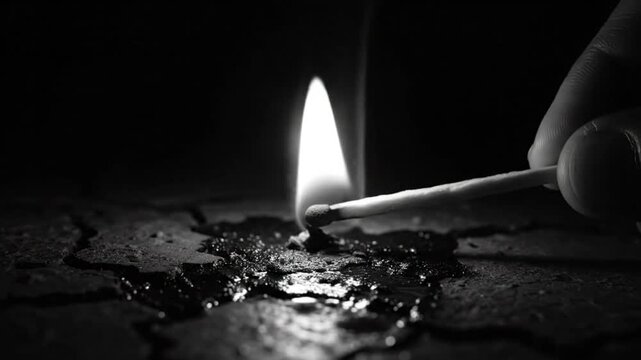 Black and white close up of a lit match igniting something on a cracked surface with darkness surrounding