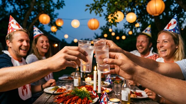 Friends toast with schnapps at a traditional Swedish crayfish party outdoors.