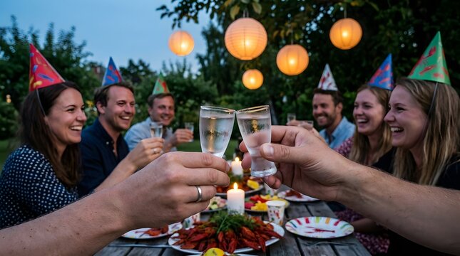 Friends toast with schnapps at a festive Swedish crayfish party in a garden.