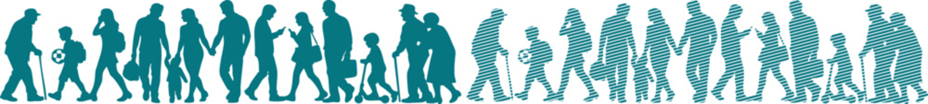 Teal silhouettes of people walking in a line