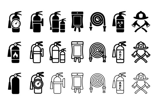 Fire safety icon set with 21 vector elements, black and white firefighting equipment symbols, fire extinguisher and hose reel icons for emergency signage