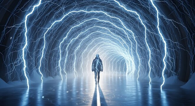 Lone figure advancing through an electrifying blue energy tunnel, a powerful journey into the unknown