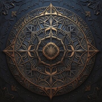 A dark ornate golden mandala on a blue background