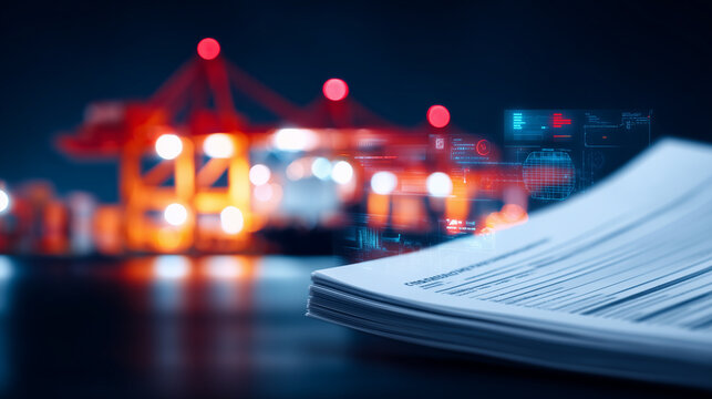 Shipping documents placed beside a cargo port scene, representing logistics management, global trade compliance and supply chain documentation.
