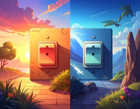 A split-screen illustration featuring a sunset/sunrise scene and a bright midday landscape, each with a light switch