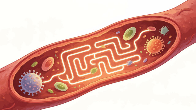 Whimsical Watercolor Scientific Illustration of Cross-Section Blood Vessel With Pathogens, Blood Cells, and Glowing Neon Maze Through Bloodstream Interior