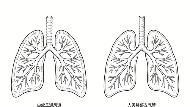 Side-by-side black and white line art comparison diagram illustrating structural similarity between termite mound ventilation channels and human lung bronchial trees