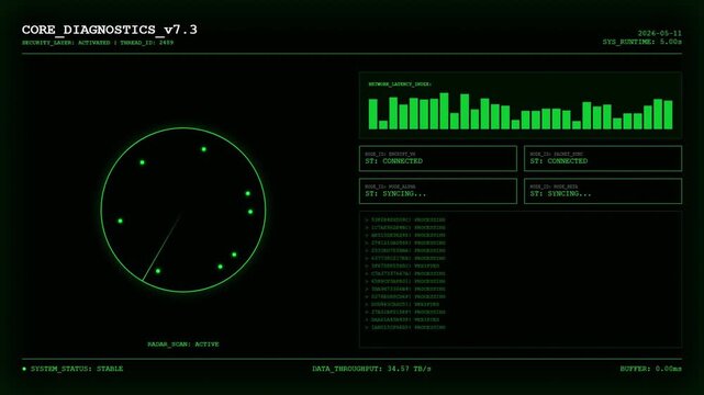 Core Diagnostics Interface with Active Radar Scan and Network Latency Monitoring Plus Node Synchronization and System Status Digital Animation.