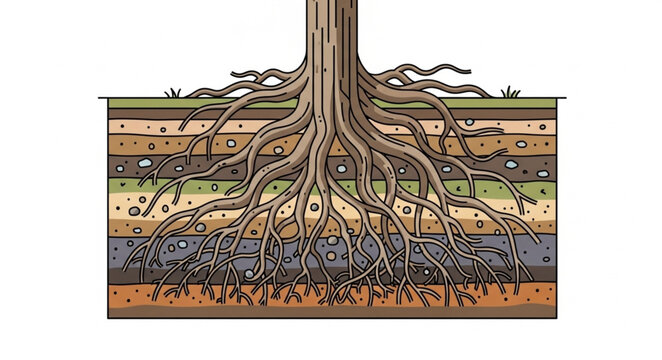 Detailed Illustration of Tree Roots Growing Deep into Soil Layers.