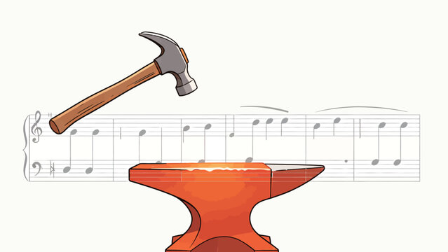 Whimsical Cartoon Visual Pun of Claw Hammer Hovering Over Glowing Hot Anvil Placed On Grand Staff Sheet Music, Merging Blacksmith Forging Craft and Musical Art