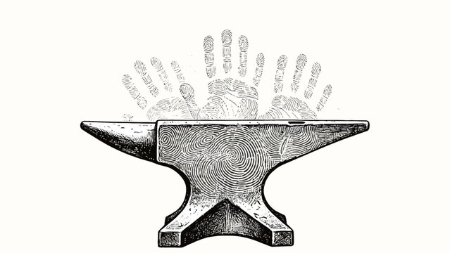 Monochrome Pen-and-Ink Conceptual Illustration of a Fingerprint-Textured Blacksmith Anvil With Faded Rising Handprint Silhouettes Above