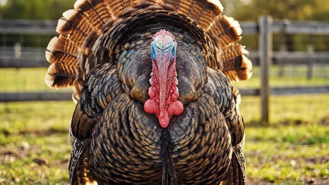 Majestic Turkey Displaying Feathers in a Sunny Field Close-Up View.