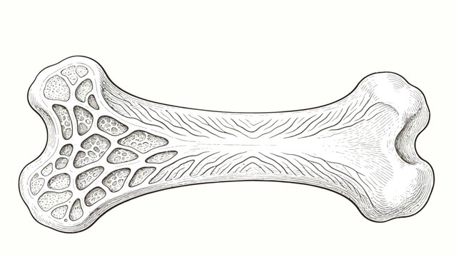Longitudinal Cross Section of a Mammal Long Bone, Monochrome Ink Line Art Scientific Anatomical Illustration Depicting Spongy Cancellous and Dense Compact Bone Structure
