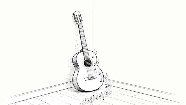 Minimalist Monochrome Pencil Line Art Sketch of a Classical Acoustic Guitar Leaning in an Interior Room Corner, With Flowing Floating Musical Notes