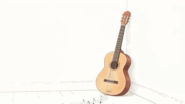 Soft warm hand-drawn colored pencil illustration of a classical acoustic guitar leaning in a bright empty room corner, with gentle musical notes trailing from its strings