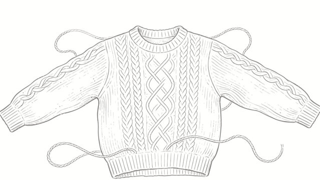 Hand-drawn monochrome line art illustration of a partially unravelled cable-knit crewneck sweater with loose twisted yarn strands extending outward