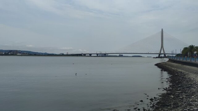 View of bike path, New Taipei City, Taiwan &ndash; May 12, 2026: Views of Danjiang Bridge, New Taipei City, Taiwan