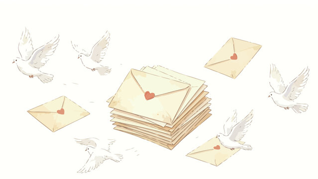 Soft gentle watercolor illustration of white carrier doves transporting sealed love letters with red heart seals around a stack of vintage cream mail envelopes