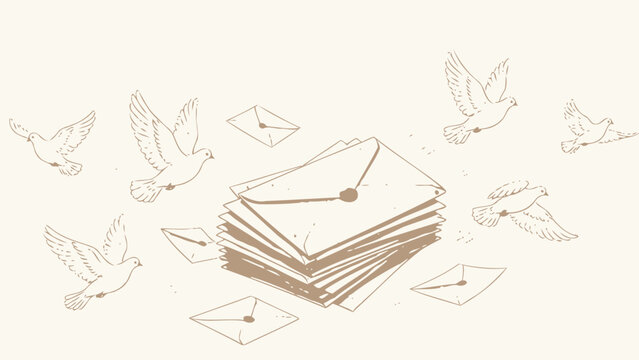 Whimsical Hand-Drawn Illustration of White Homing Carrier Pigeons Flying Around a Tall Stack of Wax-Sealed Vintage Parchment Envelopes